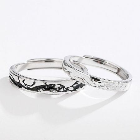925 Sterling Silver Matching Love Adjustable Couple Ring Set - A pair of 925 sterling silver matching couple rings with a beautiful interconnected design, symbolizing love and unity.