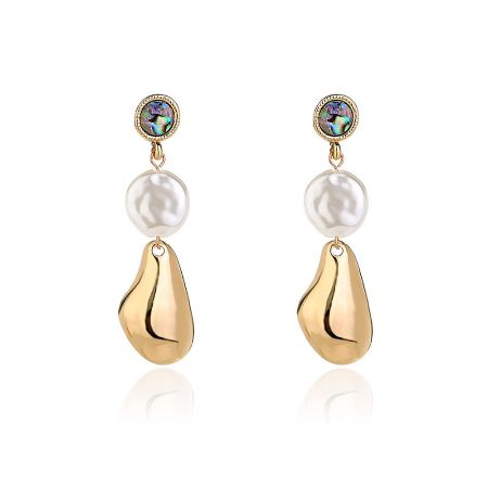 Irregular Baroque Pearl Dangle Earrings - Irregular Baroque Pearl Dangle Earrings featuring iridescent stones, white pearls, and gold-colored pendants.