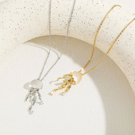 Stainless Steel Cute Ocean Style Jellyfish Pendant Necklaces Set of 5 - A set of stainless steel jellyfish pendant necklaces, showcasing both the elegant gold and sleek silver finishes against a clean white background.