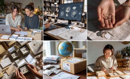 The end-to-end process of custom jewelry manufacturing, including design, branded packaging, and worldwide shipping.