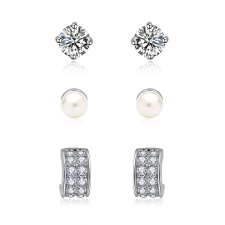 Combo 3 in 1 Stud Earrings - Combo 3-in-1 stud earring set featuring cubic zirconia studs, pearl studs, and small CZ hoop earrings in a rhodium-plated finish.