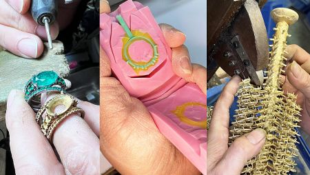 Detailed shots of the jewelry making process, including gemstone setting and metal shaping.