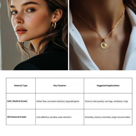 A visual comparison of 316L medical-grade and 304 general-grade stainless steel for custom jewelry manufacturing.