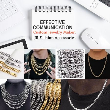 A collection of custom chain jewelry from JR Fashion Accessories, including necklaces and bracelets.