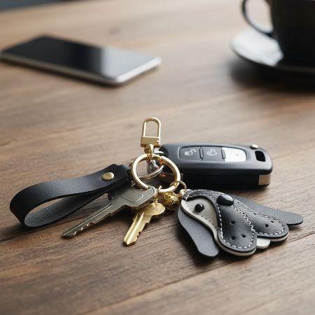 Lifestyle image of the dog keychain attached to a set of car keys on a wooden table, demonstrating its practical use.