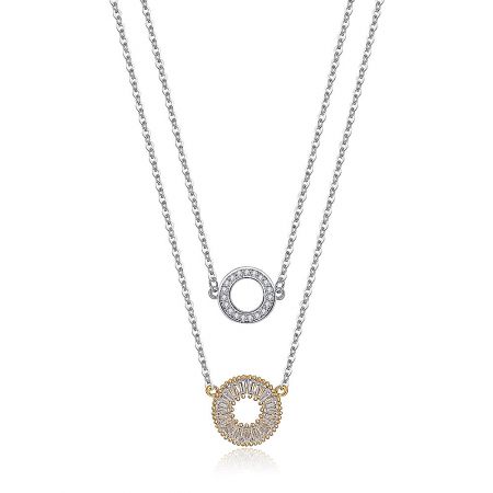 Two Tone CZ Circle Drop Necklace - Elegant two-tone layered necklace with sparkling cubic zirconia circle drop pendants.