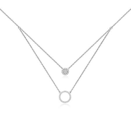 Layer Choker Disc Circle Necklace - A close-up of the Layer Choker Disc Circle Necklace, showcasing its double-layered design with a sparkling Cubic Zirconia stone and a polished rhodium-plated circle pendant.