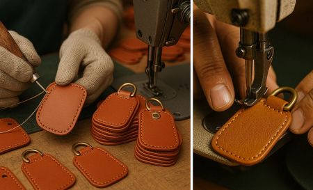Inside the JR Fashion Accessories factory, showing the hand-stitching and sewing process for custom leather bag charms.