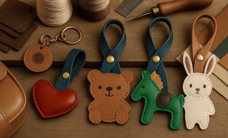 Wholesale Custom Leather Bag Charms with Private Label Service - A collection of custom leather bag charms in various shapes like hearts and animals, displayed with leatherworking tools, showcasing JR Fashion Accessories' OEM/ODM manufacturing capabilities.