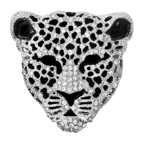 Front view of the silver leopard head brooch highlighting the clear rhinestones and black enamel eyes.