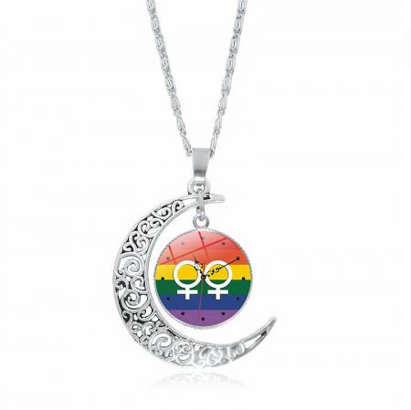 Silver crescent moon necklace with a rainbow lesbian pride symbol charm.