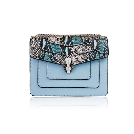Python Snakeskin PU Leather Handbag with Chain Strap - Stylish light blue Python Snakeskin PU leather handbag with a gold chain strap and accents.
