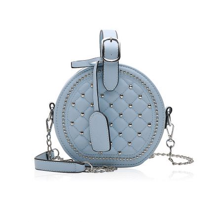 Light blue quilted PU leather handbag with silver studs and dual strap options.