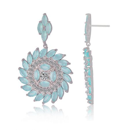 Detailed view of the Blue Rounded Radiant CZ Earring, showcasing its floral sunburst design with light blue and clear stones.