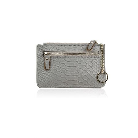 Stylish light gray mini purse with elegant gold chain and hardware.
