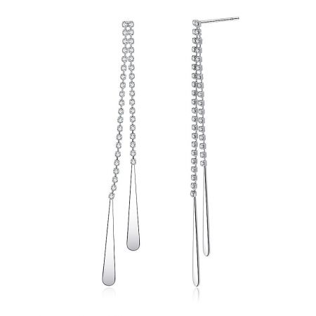 Side and front view of the long dangling crystal chandelier earrings, highlighting their slender and modern design.