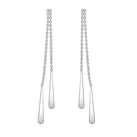 Crystal Chandelier Post Earrings - A pair of elegant Crystal Chandelier Post Earrings, featuring long drops with clear Czech crystals and teardrop-shaped rhodium-plated ends, on a white background.