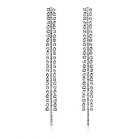 Chain CZ Chandelier Clip On Earrings - A pair of Chain CZ Chandelier Clip-On Earrings with a long, linear design, featuring clear cubic zirconia gemstones in a polished rhodium-plated setting.
