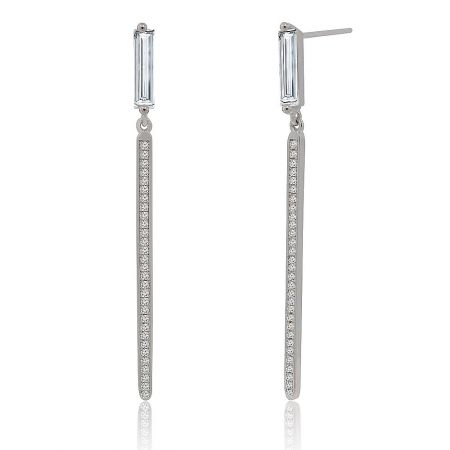 Side profile of the sterling silver Cubic Zirconia Long Dangling Earrings, showing the combination of baguette and round cut stones.