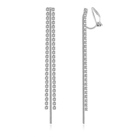 Detailed view of the sleek, modern design of the chandelier clip-on earrings, showing the arrangement of clear stones.