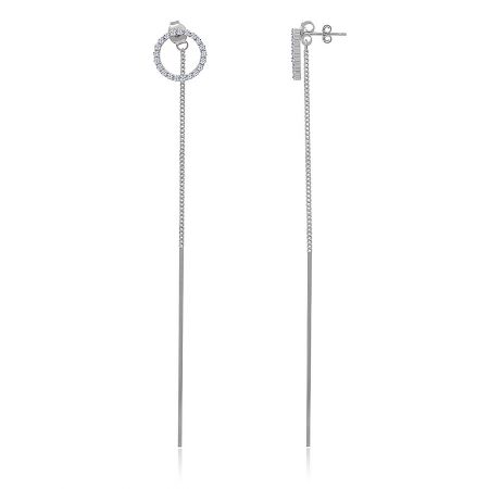 Detailed view of the long dangle chain bar earring, showcasing the smooth silver bar and the brilliant cubic zirconia stones on the circular top.