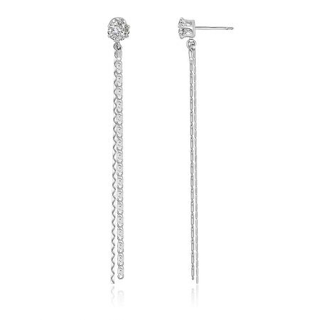 Detailed view of the long silver CZ stud chain earrings, highlighting the diamond-like studs and chain drops.