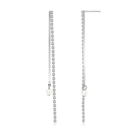 Detailed view of the sparkling bar pearl linear drop earrings highlighting the fine setting of the square-cut cubic zirconia stones.