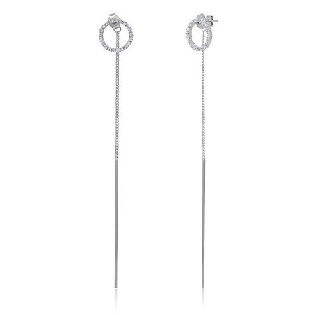 Close-up of the modern and elegant design of the sterling silver dangle earrings, highlighting the intricate stone-encrusted circular detail.