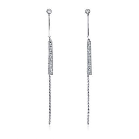 Bar CZ Chain Long Earrings - A detailed view of the Bar CZ Chain Long Earrings, showcasing the long silver design with a stud top, a bar section adorned with cubic zirconia stones, and a delicate chain extension.