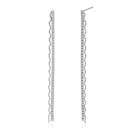Side profile of the wavy silver earrings, showing the dual strands of sparkling rhinestones.