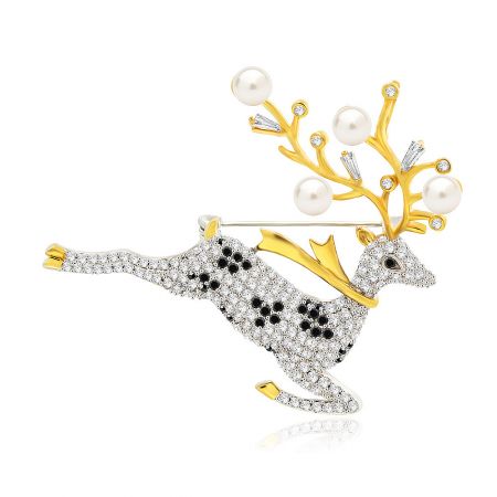 Gold Running Reindeer Brooch - Detailed view of the Gold Running Reindeer Brooch, showcasing its intricate design with gold antlers, pearls, and sparkling cubic zirconia stones.