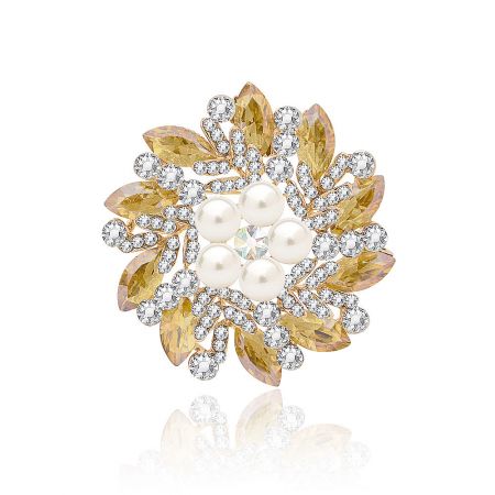 Wholesale Floral Wreath Crystals Brooch With Pearl - A close-up of the Wholesale Floral Wreath Brooch (JRB-016), showcasing its circular design with intricate crystal flowers, lustrous pearls, and gold plating.