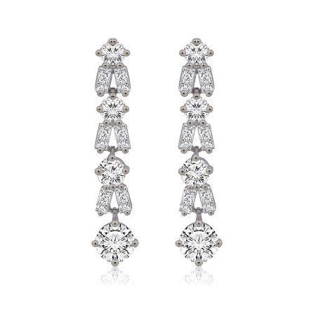 Brilliant Cut Zirconia Earrings - A pair of brilliant cut cubic zirconia drop earrings with a silver-toned rhodium plating, showcasing a classic and elegant design.
