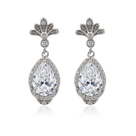 Teardrop Bridal Jewelry Drop Earrings - A close-up of the Teardrop Bridal Jewelry Drop Earrings, showcasing the large, sparkling pear-shaped AAA cubic zirconia stone set in rhodium-plated brass.