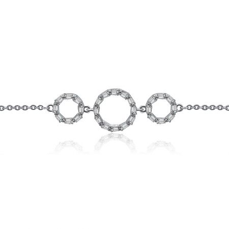Detailed view of the Baguette CZ Circle Charm Bracelet's linked circular charms with baguette-cut gemstones.