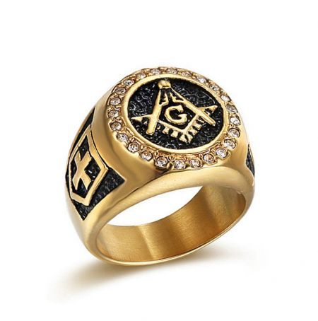 Crystal Masonic Ring for Men - A detailed close-up of the Crystal Masonic Ring for men, crafted in gold and black stainless steel, prominently featuring the iconic square and compass symbol.