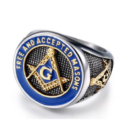 Side view of the Blue Mason Masonic Ring, highlighting the detailed Masonic symbols on the band.
