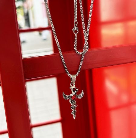 Stainless steel men's necklace featuring a caduceus pendant with wings and a red gem.