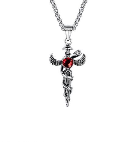 Men's necklace with a Rod of Asclepius pendant, a medical symbol in stainless steel.