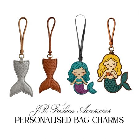 A collection of various mermaid tail personalised bag charms.