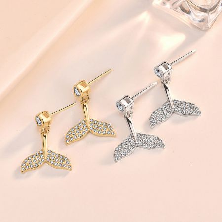 925 Sterling Silver CZ Mermaid Fish Tail Earrings (5 pairs) - A pair of gold and a pair of silver 925 sterling silver mermaid tail earrings with sparkling CZ stones, displayed on a clean white background.