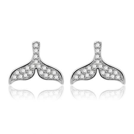 Whale Tail CZ Stud Earrings - A pair of elegant whale tail stud earrings in rhodium-plated brass, intricately detailed with sparkling cubic zirconia stones.