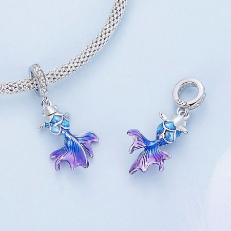925 Sterling Silver Ocean World Sea Charms Fish Beads Pendant Set of 5 - A collection of S925 sterling silver mermaid tail and ocean-themed jewelry charms with vibrant blue and purple enamel, perfect for custom jewelry making.