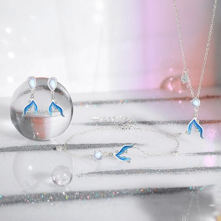 925 Sterling Silver Moonstone Mermaid Tail Bracelet Set of 5 - A stunning collection of 925 sterling silver ocean-themed jewelry, highlighting the moonstone mermaid tail bracelet set.