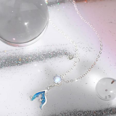 Full view of the 925 sterling silver mermaid tail necklace and chain.