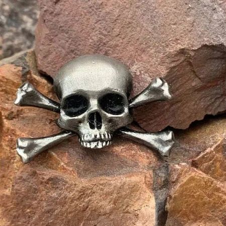 Halloween Skull and Clown Pin Collection (5 pcs) - A detailed close-up of the metal skull and crossbones pin from the Halloween-themed collection, showcasing its silver-tone finish.