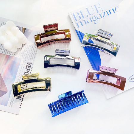 Metal Hair Grip Hollow Square Hair Banana Claw Clips (5 pcs) - A collection of six Metal Hair Grip Hollow Square Banana Claw Clips in various metallic colors, displayed on a clean white background.