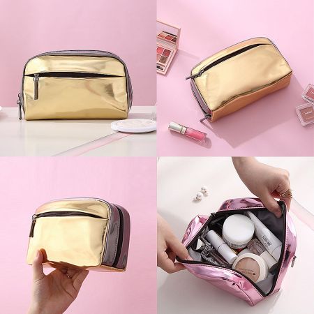 A collection of metallic PU leather makeup bags in various colors, showcasing different styles and usage.