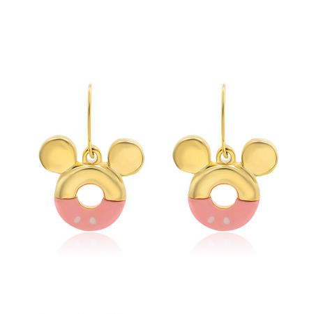 Custom Mickey Mouse Gold Earrings in Pink - A pair of custom Mickey Mouse ear-shaped earrings with a gold finish and pink epoxy inlay, showcased against a white background.
