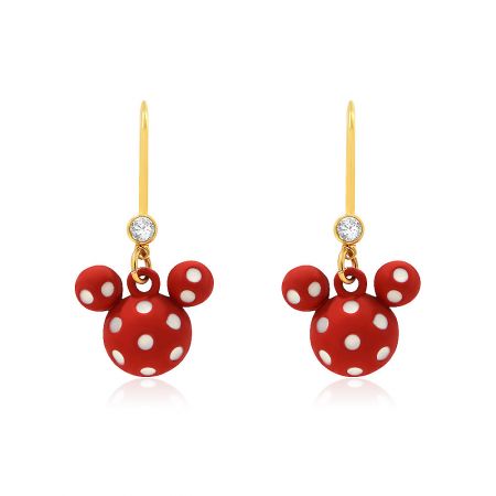 Brincos do Mickey Mouse: Brincos pendentes por atacado - Um par de brincos em forma de cabeça do Mickey Mouse vermelha com bolinhas brancas, apresentando ganchos de peixe banhados a ouro e pedras de zircônia cúbica brilhantes.